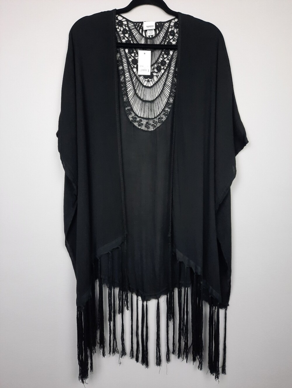 Sonoma Black Crochet Lace Fringe Trim Lightweight Oversized Flowy Boho Cardigan